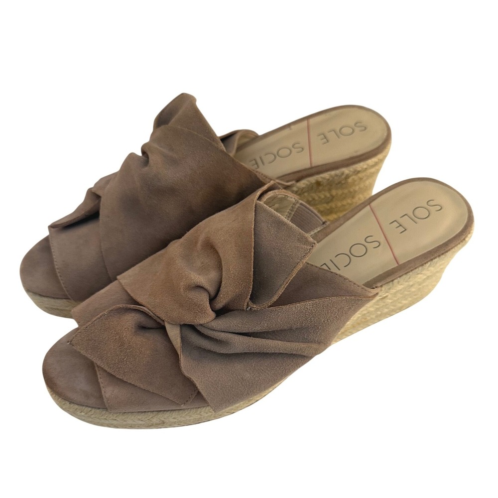 Sole Society Women's Tan Suede Knot Bow Espadrille Wedge Sandals Size 9.5M